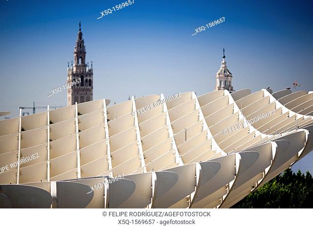 The Giralda tower as seen from the top of Metropol Parasol, Seville, Spain