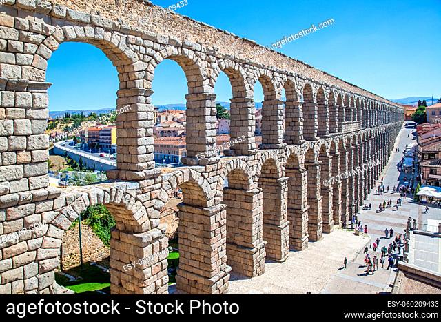 Ancient roman aqueduct in Segovia, Spain. Landmark, cityscape