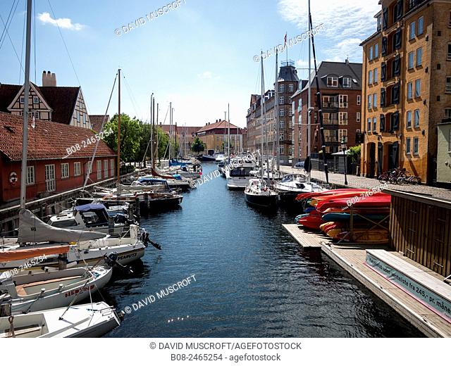 Modern apartments and boats at Christianshavn harbour area, Copenhagen, Denmark