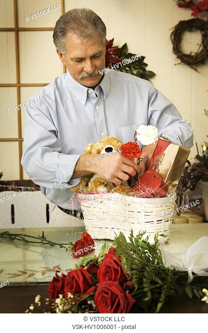 Florist preparing Valentine arrangement