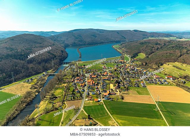 Affolderner See and village Affoldern in Edertal, Waldeck-Frankenberg district in northern Hesse, Hesse, Germany