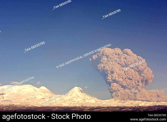 RUSSIA, KAMCHATKA REGION - APRIL 7, 2023: The Bezymianny volcano erupts on the Kamchatka Peninsula. The volcano became active on April 6 spewing ash as high as...