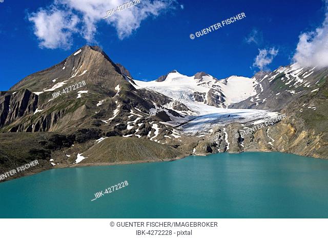 Turquoise reservoir lake, Griessee, with Bättelmatthorn and Griesgletscher, Obergoms, Canton of Valais, Switzerland
