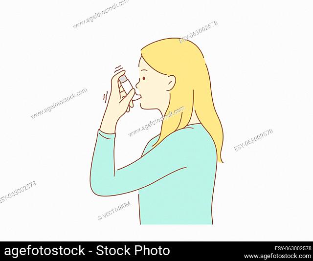 Health, care, desease, problem concept. Young sick ill asthmatic woman girl cartoon character using inhaler during asthma attacks symptoms for lungs better...