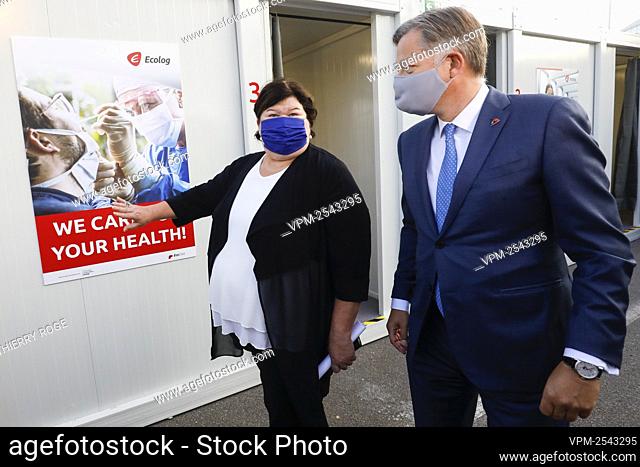 Minister of Health, Social Affairs, Asylum Policy and Migration Maggie De Block and Brussels Airport CEO Arnaud Feist pictured during the opening of the...