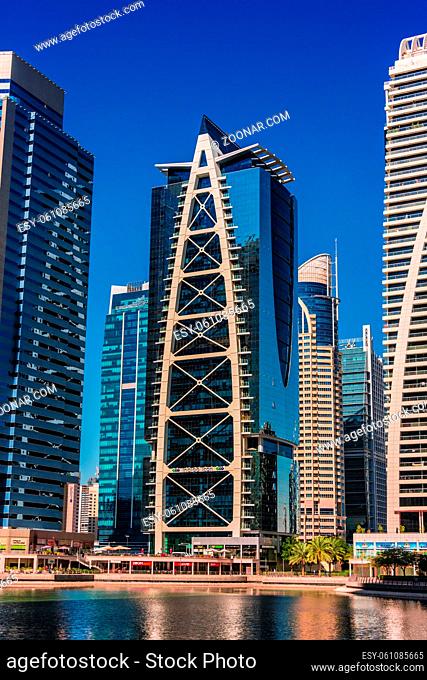 DUBAI, UNITED ARAB EMIRATES - FEB 7, 2019: Modern residential architecture of Jumeirah Lakes Towers in Dubai, United Arab Emirates