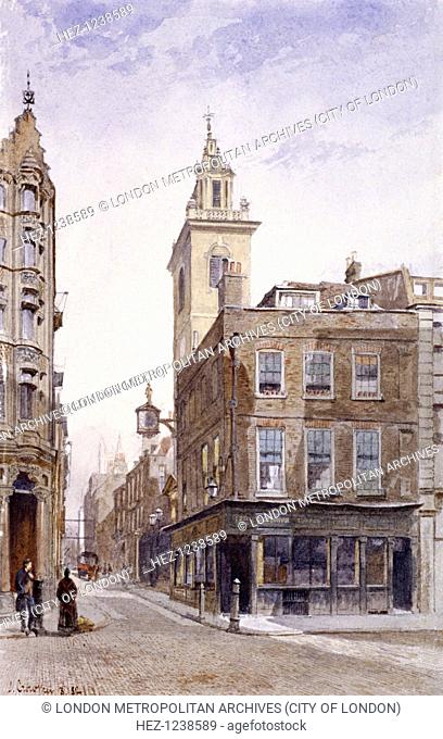 View of St James Garlickhythe and the Caledonian Coffee Rooms at 190 Upper Thames Street, London, 1882