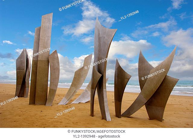 'the Brave Men' scupture in the sand at Omaha D Day landing beach, Normandy, France
