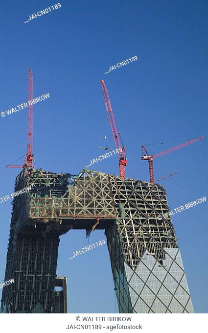China, Beijing, Chaoyang District, Construction of the CCTV building designed by Rem Koolhaas