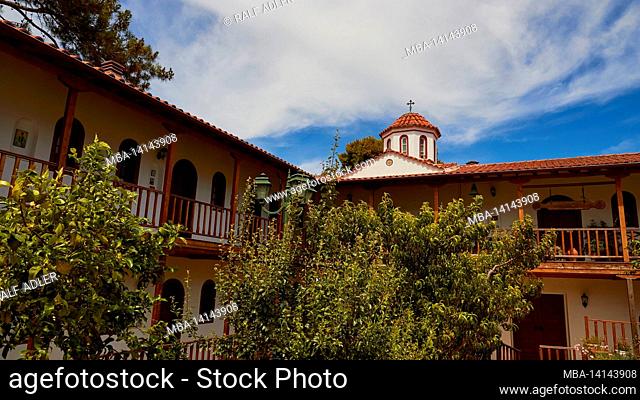 greece, greek islands, ionian islands, lefakada or lefkas, faneromeni monastery, inner courtyard of the monastery, view up to the red dome of the monastery...