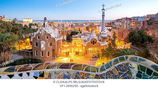 Barcelona, Catalonia, Spain, Southern Europe. Antonie Gaudi's architecture in Park Guell at dusk
