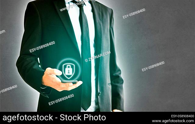 cyber security concept man holding mobile phone, businessman using smartphone