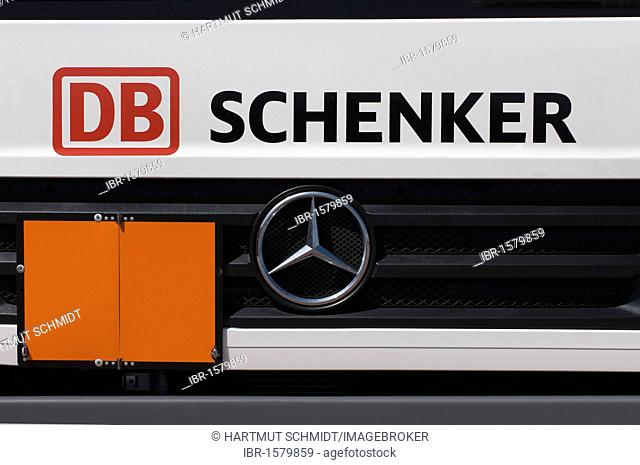 Grille of a Mercedes Benz truck by DB Schenker with a closed warning sign, transportation and logistics, Logo Deutsche Bahn AG, German Railway
