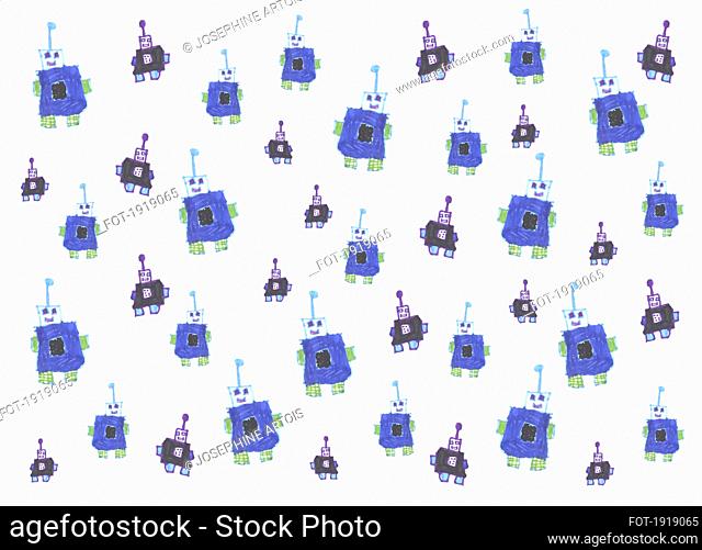 Childs drawing blue anthropomorphic robot pattern on white background