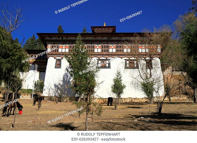 Paro Rinpung Dzong, Buddhist monastery and fortress, on a hill above a river Paro Chu near to the city Paro