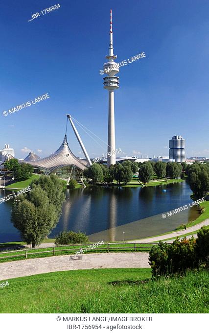 Olympic Park with television tower, Olympic Hall and BMW Tower, Munich, Upper Bavaria, Bavaria, Germany, Europe