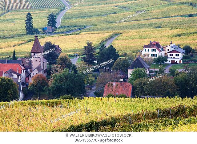 France, Haut-Rhin, Alsace Region, Alasatian Wine Route, Ammerschwihr, town buildings, dawn, autumn
