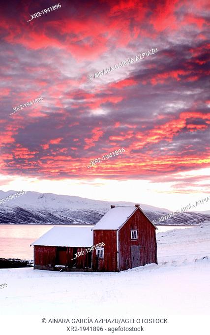 Cottage in Kvaloyvagen, a fishing village near Tromso, in norwegian fjords