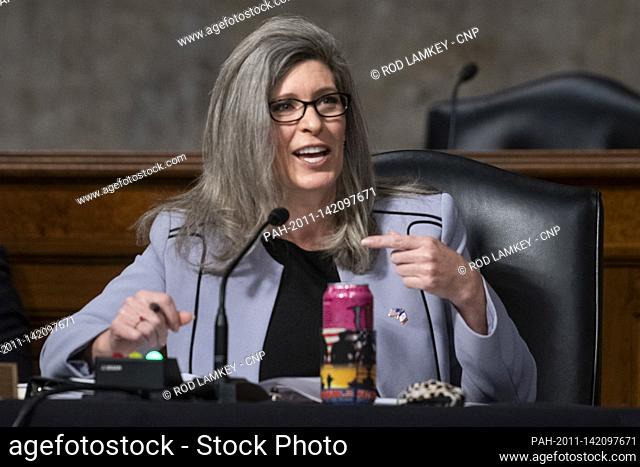 United States Senator Joni Ernst (Republican of Iowa) questions the panel during a Senate Committee on Armed Services hearing to examine Department of Defense's...
