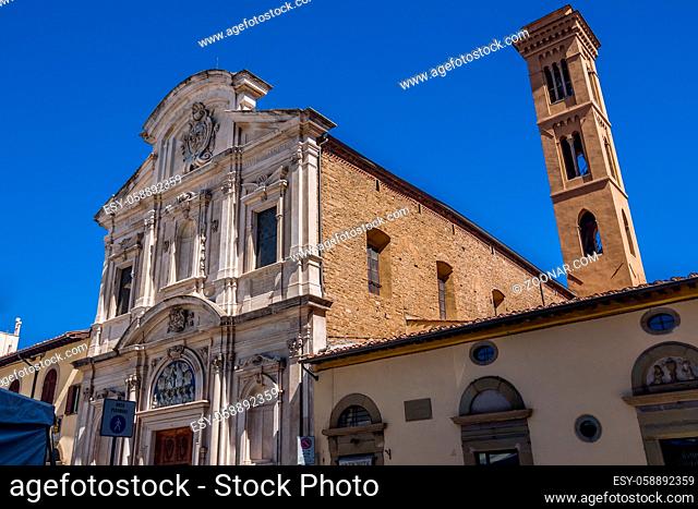 Facade and campanile of the Chiesa di Ognissanti (All-Saints Church) is a Franciscan church in Florence, Tuscany, Italy. Example of baroque architecture