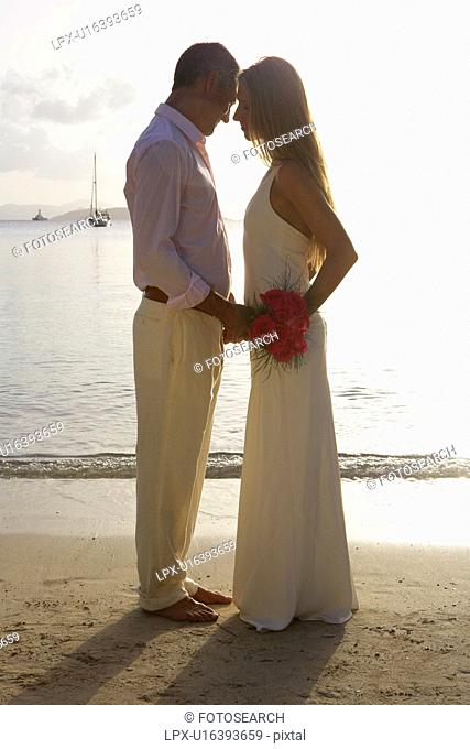 Newlyweds on beach, St. John, US Virgin Islands, USA
