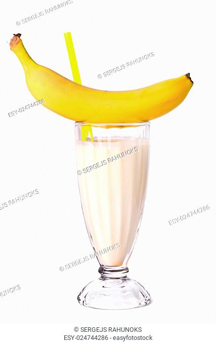 Yummy banana milkshake on a white background