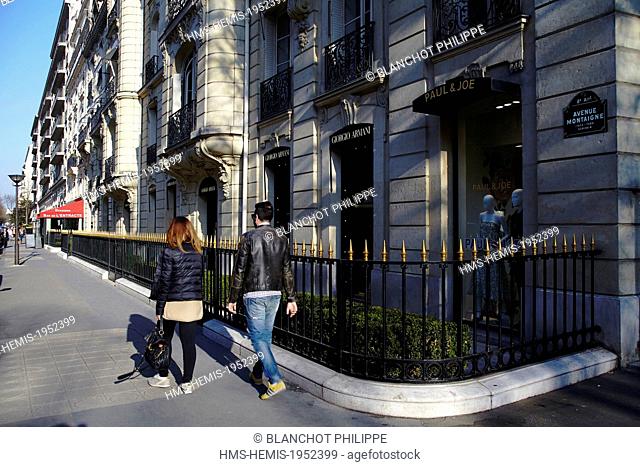 France, Paris, Luxury shops on Montaigne Avenue, Giorgio Armani