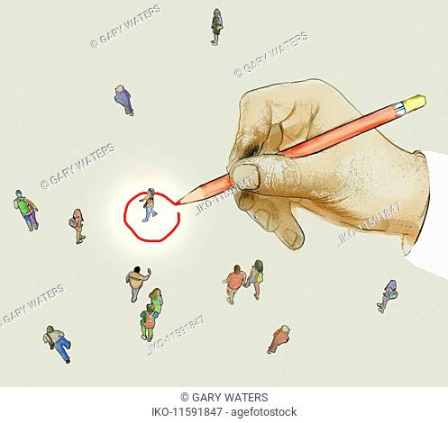 Hand drawing red circle targeting a member of the public