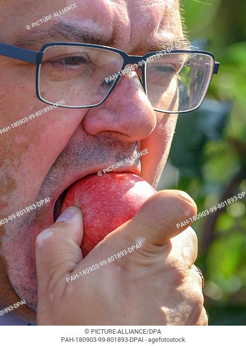03.09.2018, Brandenburg, Lichtenberg: Jörg Vogelsänger (SPD), Brandenburg's Minister of Agriculture, eats an apple of the variety Gala at the official start of...