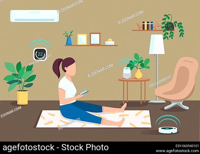 Smart climate control flat color vector illustration. Girl controlling air conditioner and vacuum cleaner with smartphone
