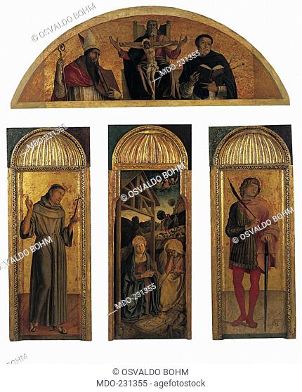 Triptych of the Nativity, by co-workers and Gentile Bellini, Jacopo Bellini, Giovanni Bellini, 1460, 15th Century, panel with gold ground, cm Tripthyc 60 x 166