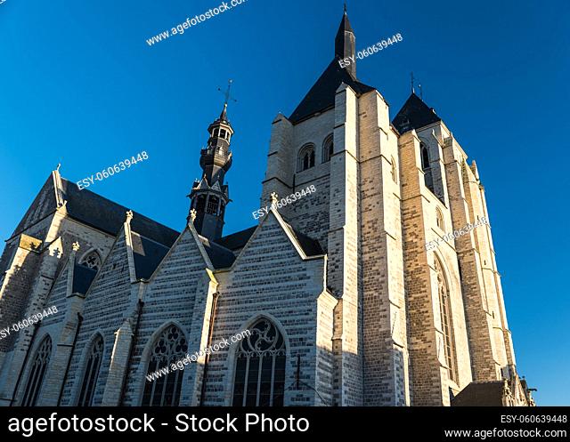 Zoutleeuw, Belgium- 02 10 2017: view over the church with a blue sky background