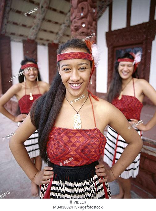 New Zealand, North island, Rotorua, Maori-Frauen, clothing, traditionally, laughing, Group picture Women, tribe, Maori, folklore clothing, folklore, Tradition