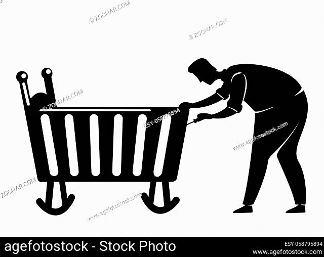 Dad fixing cradle tiles black silhouette vector illustration. Man repairing baby bed with screwdriver. Working person pose