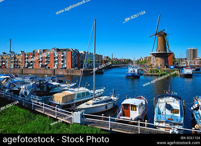 View of the harbour of Delfshaven with the old grain mill known as De Destilleerketel, Rotterdam, Netherlands