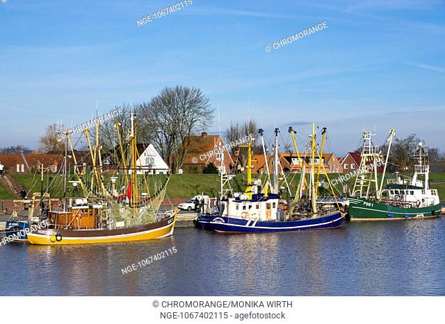 Shrimp cutters in the harbour, Greetsiel, commune Krummhoern, district Aurich, East Frisia, Lower Saxony, Germany, Europe