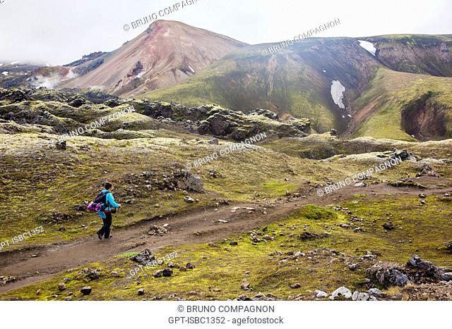 HIKING IN LANDMANNALAUGAR, VOLCANIC AND GEOTHERMAL ZONE OF WHICH THE NAME LITERALLY MEANS 'HOT BATHS OF THE PEOPLE OF THE LAND', REGION OF THE HIGH PLATEAUS