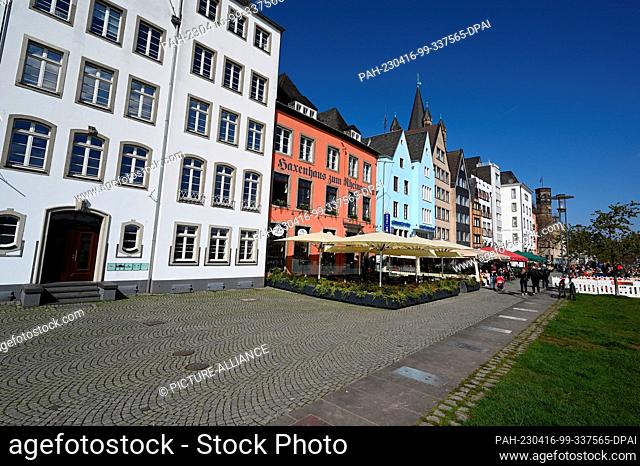 09 April 2023, North Rhine-Westphalia, Cologne: The Rhine front with gabled houses in the old town of Cologne. Photo: Horst Galuschka/dpa