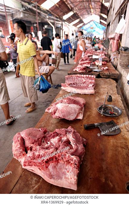 Butcher's shop, Market Rongjiang, Rongjiang, Guizhou, China