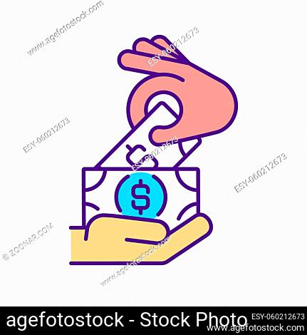 Cash payment RGB color icon. Take money from hands. Financial investment. Work salary, job wage. Economic procedure. Bribery, illegal finance transaction
