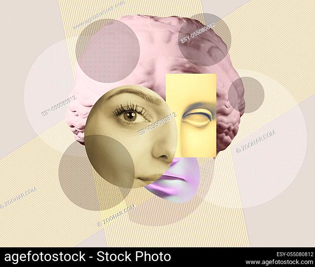 Contemporary art concept collage with antique sculptures head in a surreal style. Modern unusual art. Zine culture