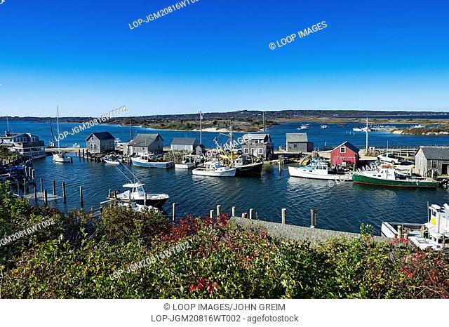 Overview of fishing shacks and boats in the village of Menemsha