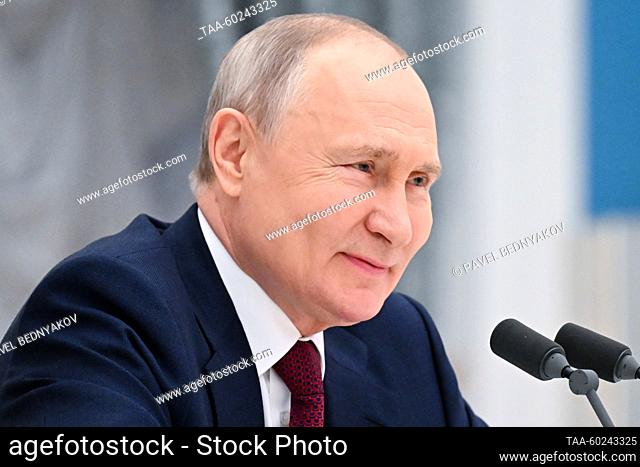 RUSSIA, MOSCOW - JULY 4, 2023: Russia’s President Vladimir Putin holds a meeting with alumni of the Russian Presidential Academy of National Economy and Public...