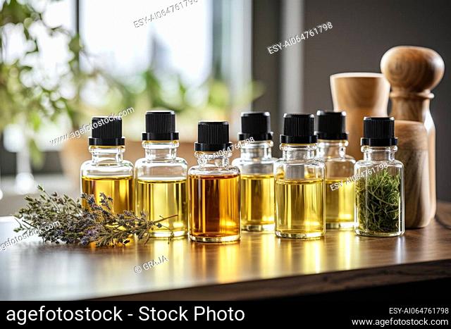 Assortment of organic essential oils and herbal extracts in glass bottles. Alternative therapy, aromatherapy. Natural ingredients in cosmetic and medicine