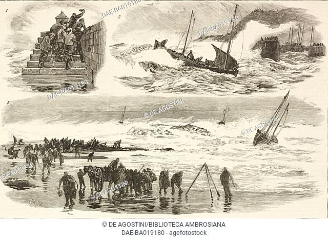 Fishing boats at Burnmouth, Berwickshire, Scotland, United Kingdom, illustration from the magazine The Graphic, volume XXIV, no 622, October 29, 1881