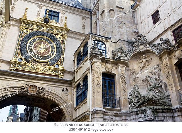 Gros Horloge XIV century a medieval clock sited in Rue du Gros Horloge, in Rouen, Seine-Maritime department, Upper Normandy, France