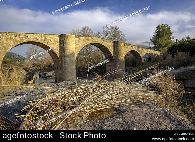 El Pont de Vilomara medieval bridge over the Llobregat river (Barcelona province, Catalonia, Spain)