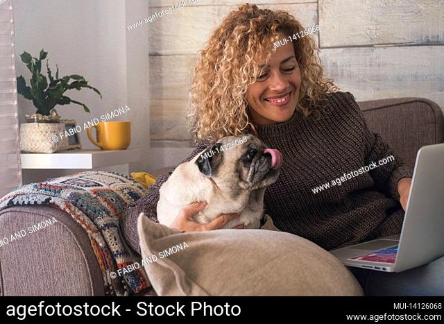beautiful woman having fun with her pet dog while using laptop on sofa at home. happy woman spending leisure time working on laptop with her cute pet dog on...