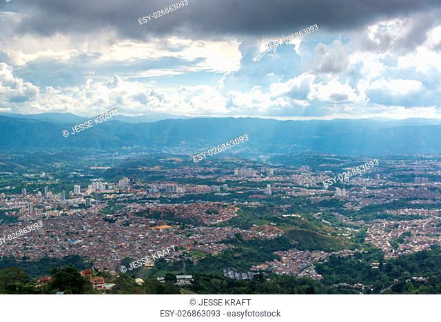 Cityscape view of Bucaramanga, Colombia with a dramatic sky