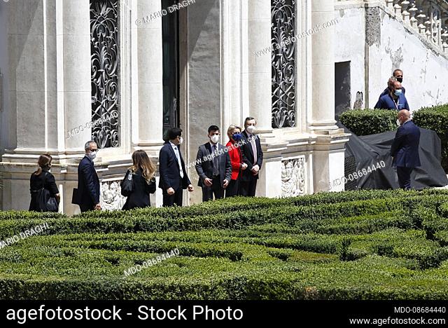 Global Health Summit. Italian Prime Minister Mario Draghi and President of the European Commission Ursula von der Leyen in the gardens of Villa Doria Pamphili